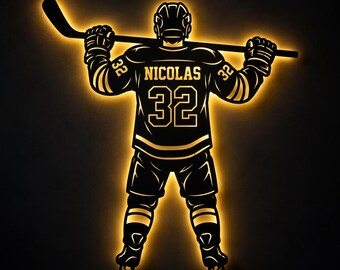 Personalized Hockey Metal Wall Art With Led Light, Custom Name and Number Hockey Player Sign, Sports Wall Decor, Hockey Player Gift
