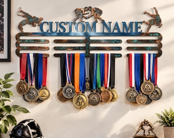 Gepersonaliseerde medaillehouder voor worstelen, metalen medaillehanger met eigen naam, display voor worstelprijzen, medaillerek voor sport, cadeau voor worstelaars