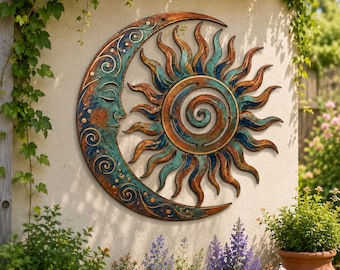 Metal Sun and Moon Wall Decor, Colorful Celestial Garden Art, Boho Outdoor Hanging Decor,Crescent Moon Garden Art,Boho Patio Garden Decor