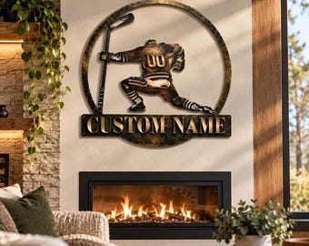 Décoration murale personnalisée en métal, style hockey, avec le nom d'un joueur de hockey sur glace, style rustique, idéale pour une chambre de garçon ou comme cadeau pour les passionnés de hockey.
