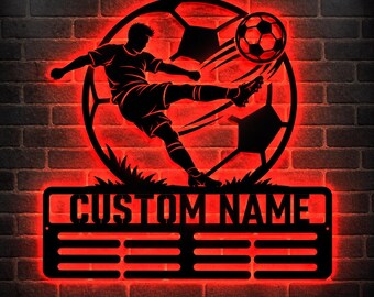 Personalized Soccer Metal Sign With Led Light, Custom Name Soccer Medal Holder, Soccer Wall Art, Soccer Player Gift for Boys and Girls