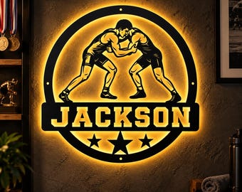 Personalized Wrestling Metal Sign With Led Light, Custom Name Wrestler Wall Art, Wrestling Gift for Boys, Wrestling Coach Gift