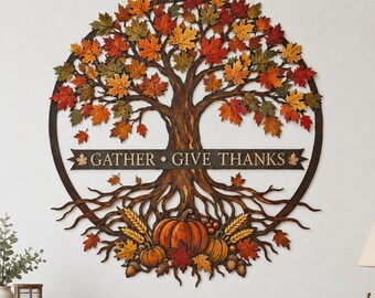 Thanksgiving Tree Metal Wall Art, Gather Give Thanks Fall Tree Decor, Autumn Maple Leaves and Pumpkin Sign, Rustic Farmhouse Decoration