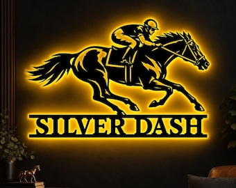 Decoración de pared metálica personalizada con luz LED para carreras de caballos, letrero personalizado con nombre de caballo de carreras, decoración para habitación ecuestre, regalo para amantes de las carreras de caballos