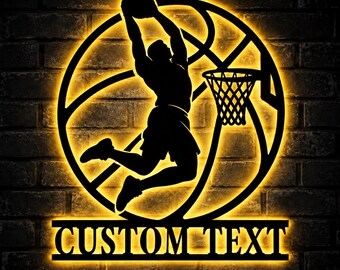 Plaque métallique personnalisée de basket-ball avec lumières LED, décoration murale personnalisée avec nom de joueur de basket-ball, décoration de chambre sportive, cadeau pour les fans de basket-ball