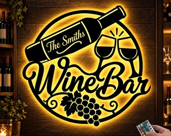 Plaque murale personnalisée pour bar à vin avec éclairage LED, nom de famille, décoration pour bar à domicile, présentoir pour bouteilles et verres à vin.