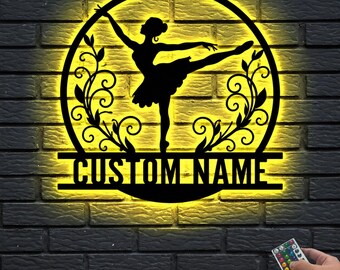 Plaque murale personnalisée avec nom de ballerine et lumière LED, décoration murale en métal personnalisée pour danseuse de ballet, décoration de salle de danse, cadeau pour danseuse de ballet