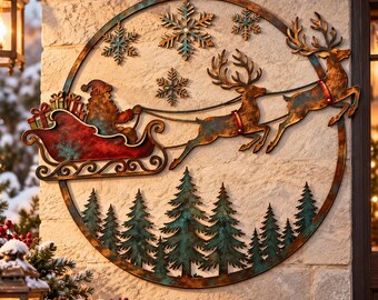 Decoración de pared metálica con trineo de Papá Noel, decoración navideña de renos para la pared, letrero metálico navideño rústico, decoración navideña para exteriores, regalo de Navidad
