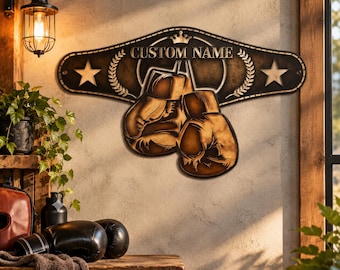 Décoration murale en métal personnalisée avec gants de boxe, inscription personnalisée « Champion de boxe », décoration vintage pour salle de boxe, cadeau pour boxeur