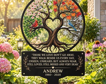 Personalized Memorial Garden Stake, Four Seasons Tree of Life Metal Sign, Custom Name Remembrance Plaque, Cardinal Bird Sympathy Gift