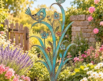 Metal Bird Garden Stake, Rustic Turquoise Birds and Flowers Yard Art, Whimsical Outdoor Garden Decor, Spring Garden Gift for Mom