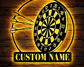 Personalized Dartboard Metal Wall Art with LED Lights, Custom Darts Room Sign, Man Cave Wall Decor, Dart Lover Gift, Pub Decor