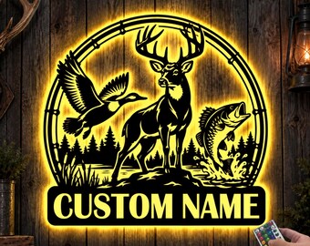 Plaque métallique personnalisée Chasse et Pêche avec lumières LED, décoration murale personnalisée avec nom, motif cerf, canard et bar, style rustique, cadeau pour papa