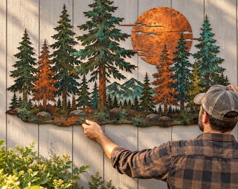 Forest Metal Wall Art, Rustic Pine Tree Mountain Sunset Decor, Large Woodland Wall Hanging, Outdoor Cabin Sign, Nature Lover Gift