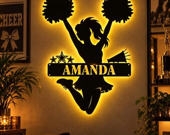 Personalized Cheerleader Metal Sign With Led Light, Custom Cheerleading Metal Wall Art, Light Up Cheer Girl Decor, Cheer Team Gift