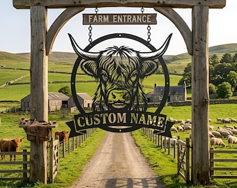 Personalized Highland Cow Metal Sign, Custom Farm Name Wall Art, Rustic Barn Door Decor,Highland Cow Metal Wall Art,Ranch Gift
