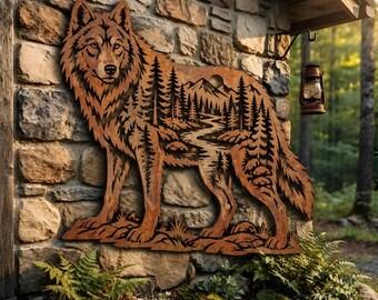Décoration murale en métal représentant un loup, silhouette rustique de loup dans un décor de forêt et de montagne, décoration murale animalière, décoration extérieure pour chalet, cadeau pour les amoureux de la nature