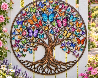 Butterfly Tree of Life Metal Wall Art, Colorful Butterfly Garden Decor, Round Outdoor Wall Hanging, Nature Inspired Yard Fence Decoration