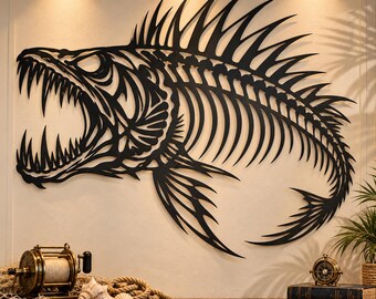 Décoration murale en métal squelette de poisson, grande arête de poisson effrayante, panneau en métal style gothique océan, décoration de chambre sur le thème de la pêche côtière, cadeau pour pêcheur