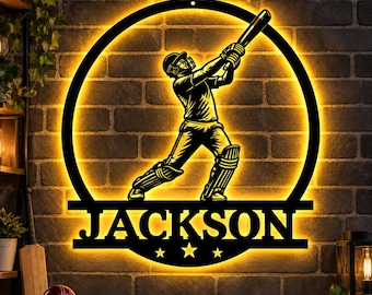 Gepersonaliseerd cricketspelerbord met ledverlichting, metalen wanddecoratie met cricket-thema en eigen naam, decoratie voor de sportkamer, cadeau voor cricketliefhebbers, slaapkamerdecoratie