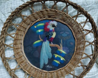 Vintage Real Feather Wicker and Glass Bird Basket or Wall Hanging From Mexico FREE SHIPPING