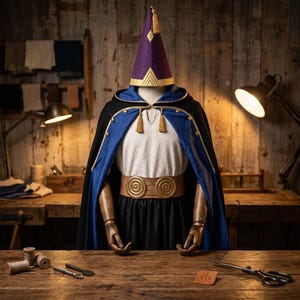May include: A tall purple pointed hat with gold trim and a tassel, worn over a black and blue hooded cloak with gold buttons and tassels. The outfit includes a white tunic and a wide tan belt featuring two circular embossed designs.