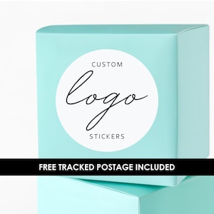 May include: A light turquoise square box featuring a circular white sticker on the front. The sticker displays the text CUSTOM in a simple sans-serif font, the word logo in a black cursive script, and the word STICKERS in a sans-serif font.