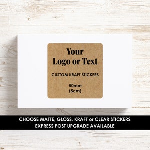 May include: Brown kraft paper sticker with the text "Your Logo or Text" in black. The sticker also says "Custom Kraft Stickers" and "50mm (5cm)".