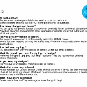 以下が含まれることがあります： FAQと題された白い情報ドキュメント。右上にはSwell Designs onlineと書かれた青い円形のロゴがあります。テキストには、デザインの校正、カラー印刷、ロゴの提出、ファイル形式、再注文に関するポリシーが記載されています。