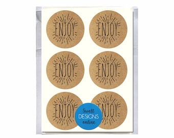 Enjoy Stickers, Round Kraft Labels for packaging. Fun Stickers. Sold in Sticker Packs of 48 Round Stickers.