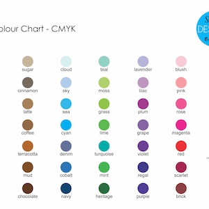 以下が含まれることがあります： Colour Chart - CMYKというタイトルのCMYKカラーチャート。青い円の中にSwell DESIGNS onlineというテキストがあります。チャートには、gray、sugar、cloud、teal、lavender、blush、creamなどの名前が付けられた色付きの円が並んでいます。