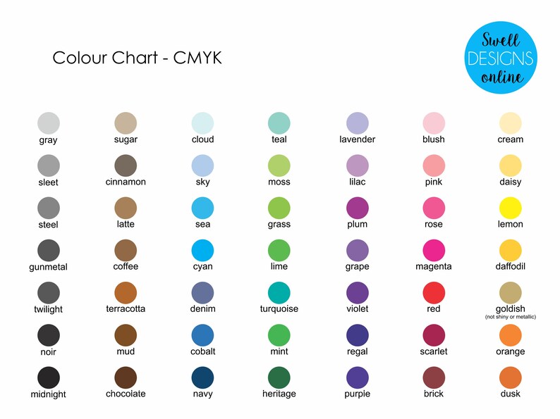 以下が含まれることがあります： Colour Chart - CMYKというタイトルのCMYKカラーチャート。青い円の中にSwell DESIGNS onlineというテキストがあります。チャートには、gray、sugar、cloud、teal、lavender、blush、creamなどの名前が付けられた色付きの円が並んでいます。