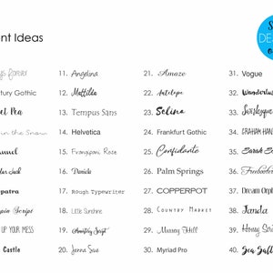 以下が含まれることがあります： Font Ideasというタイトルの白いチャート。スクリプトからサンセリフまで、40種類の黒いタイポグラフィスタイルが番号付きリストで表示されています。右上にはSwell DESIGNS onlineというテキストが入った青い円形のロゴがあります。