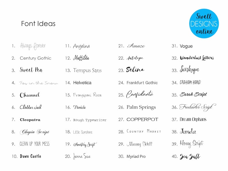 以下が含まれることがあります： Font Ideasというタイトルの白いチャート。スクリプトからサンセリフまで、40種類の黒いタイポグラフィスタイルが番号付きリストで表示されています。右上にはSwell DESIGNS onlineというテキストが入った青い円形のロゴがあります。