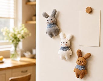 Paquete de 3 imanes de tela con forma de conejo: arte textil hecho a mano para el refrigerador, accesorio de cocina estilo rústico, regalo para amantes de los conejos.