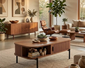 Fluted Coffee Table Mid Century Modern Storage Coffee Table with Sliding Door