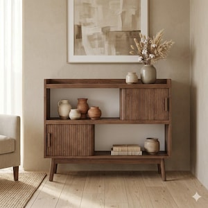 May include: A wooden sideboard featuring two sliding tambour doors with vertical slats, open shelving, and four tapered legs. The unit holds several ceramic vases in neutral tones, a dried floral arrangement, and a stack of books on its shelves.