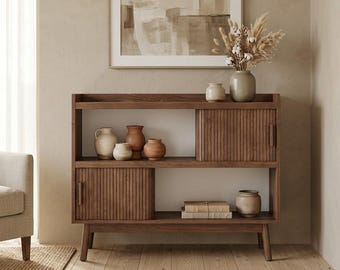 Fluted Sideboard Buffet Cabinet Mid Century Coffee Bar Storage Cabinet with Outlet
