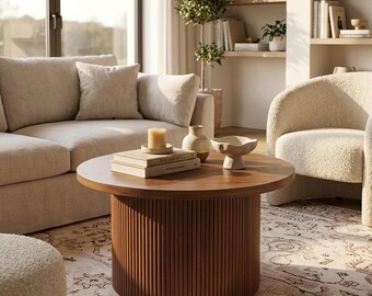 Round Tambour Coffee Table Mid Century Modern Walnut Drum Accent Table