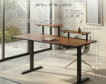 Solid Wood Standing Desk With Monitor Shelf Electric Adjustable Height Desk