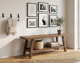 Solid Wood Farmhouse Entryway Bench with Storage Shelf Rustic Wooden Hallway Bedroom Bench