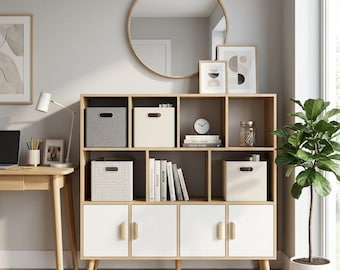 Modern Cubby Bookcase With Storage Cabinet Oak White 11 Cube Bookshelf Display Organizer