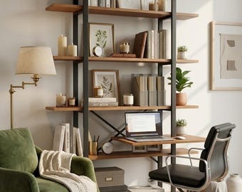 Solid Poplar Wood Industrial Bookshelf Rustic Open Bookcase 5 Tier Display Storage Shelf