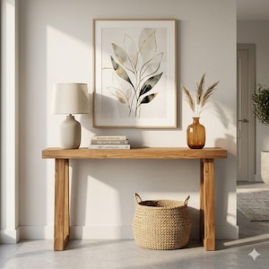 May include: A wooden console table featuring a beige lamp, a framed botanical print, a stack of three books, a brown glass vase with dried grass, and a woven basket. The framed artwork displays a gold and black leaf illustration.