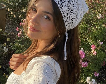 Crochet Bandana Pattern PDF, Lace Floral Motif Head Scarf Tutorial (Digital Download)