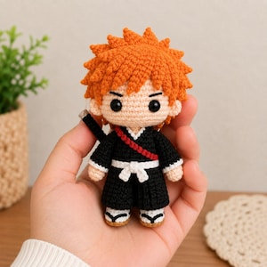 Anime Samurai Amigurumi Bleach Crochet Pattern, Orange Hair Chibi, Shonen Swordsman Kimono Katana Keychain
