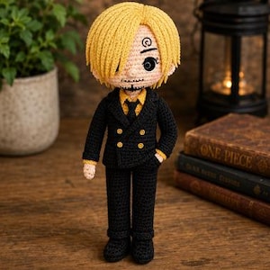 Schema per realizzare all'uncinetto Sanji Amigurumi, tutorial per creare una bambola chef ispirata a One Piece (download in PDF)