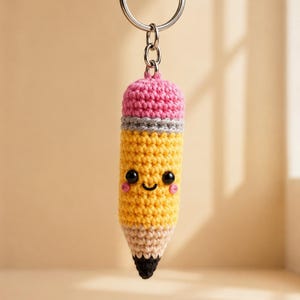 May include: A crochet pencil keyring featuring a pink eraser top, a grey metal band, a yellow body, and a tan wooden section with a black tip. The pencil has a stitched face with two black bead eyes, a small curved smile, and pink cheeks.