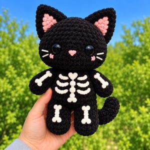 May include: A black crocheted cat plush toy featuring a white skeleton rib cage and bone pattern on its torso and limbs. The cat has large black plastic eyes, a small pink nose, pink inner ears, and white yarn whiskers on its round head.