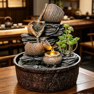 Rustic Tabletop Fountain, 4-Tier Cascading Pots, Faux Succulent, LED Light